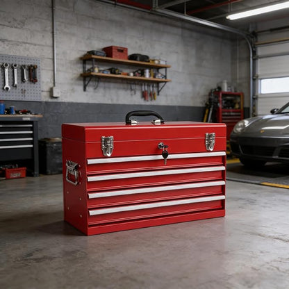 4 Drawers Metal Tool Box, 21'' Portable Metal Tool Box with EVA Liners & Auto-Locking Mechanism, Heavy Duty Steel Tool Chest with Ball-Bearing Drawer Slides & Convenient Top Handle, Red
