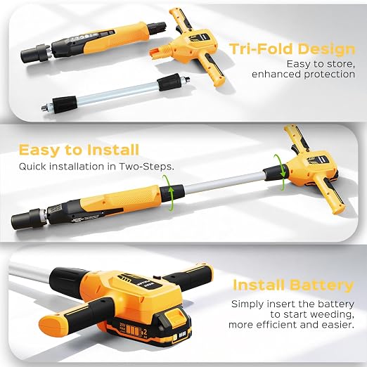 Weed Puller Tool, 21V Powerful Electric Weeder Tool with 2.0Ah Battery and Charger, Garden Tools Weed Remover Tool with 3-Claw Steel Head for Smooth Weeding, Ideal Gifts for Men Women Mom Dad, Yellow