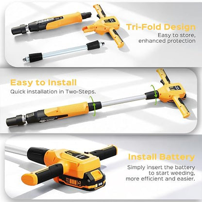 Weed Puller Tool, 21V Powerful Electric Weeder Tool with 2.0Ah Battery and Charger, Garden Tools Weed Remover Tool with 3-Claw Steel Head for Smooth Weeding, Ideal Gifts for Men Women Mom Dad, Yellow