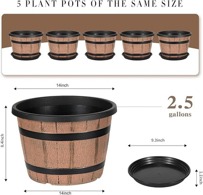 14 Inch Whiskey Barrel Planters with Drainage Holes & Saucer, 5 Pack Plastic Plant Pots with Wine Barrel Design, Flower Pots for Indoor Outdoor Balcony