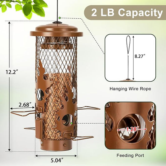 Gbekery Squirrel Proof Bird Feeders for Outdoors Hanging, Brown | Metal Wild Bird Feeders for Small Birds with Weight Activated Perches, Weatherproof and Durable, Perfect for Backyard Garden