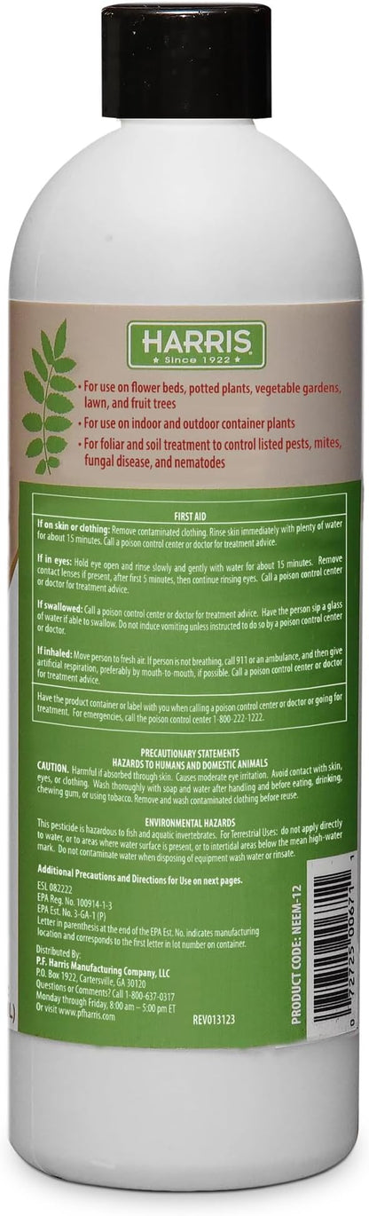Harris Concentrated Neem Oil 100% Cold Pressed Filtered Oil Insecticide/Miticide/Fungicide, 12 oz Concentrate