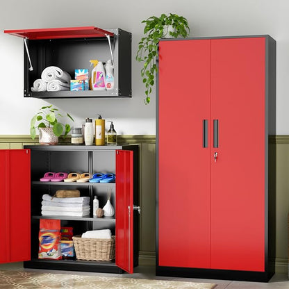 INTERGREAT Metal Storage Cabinet, 72" Locking Steel Cabinets with 2 Door and 4 Adjustable Shelves, Tall Metal Cabinet for Home Office, Garage, Warehouse, Black Red