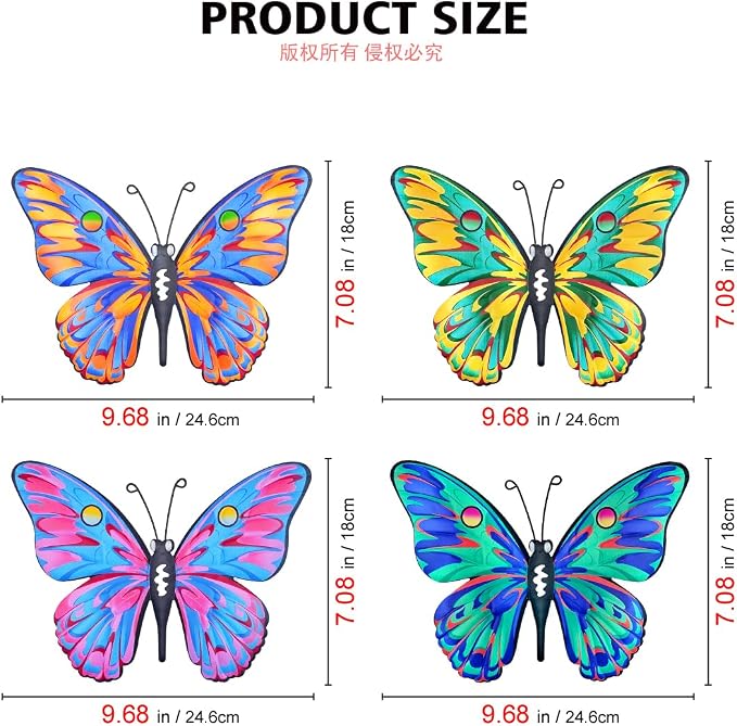Daogtc Metal Butterfly Wall Decor - 9.6" Outdoor Fence Wall Art Decor, Hanging Decoration for Garden Yard Living Room Bedroom Patio Balcony(4 Pack) (Butterfly-G)