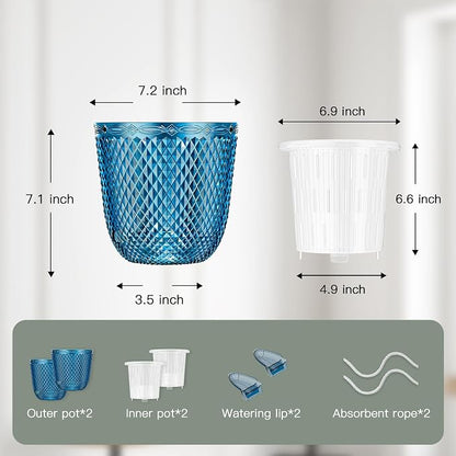 QCQHDU 2 Pack Self Watering Pots, 7.2 Inch, with Drainage Holes, Klein Blue | Plastic Garden Planter with Water Filling Port for Indoor Plants