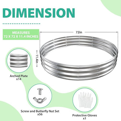 12 Inch Tall 72 Inch Diameter Round Silver Raised Garden Bed Kits Outdoor | 1 FT Tall,6 FT Planter Bed for Flowers,Herbs,Vegetables,Trees,0.8MM Thick Galvanized Metal Painted,with Gloves,Tool free