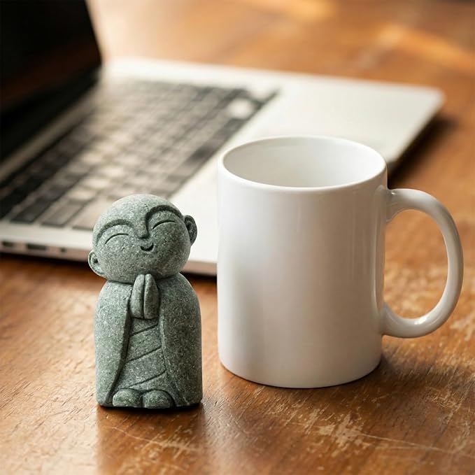 Jizo Statue, Little Monk Buddha Figurines for Zen Garden and Aquarium, Natural Sandstone Sculpture with Tilt Smile, Meditation Decor for Home Office Desk, Grey (Jizo Monk)