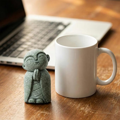 Jizo Statue, Little Monk Buddha Figurines for Zen Garden and Aquarium, Natural Sandstone Sculpture with Tilt Smile, Meditation Decor for Home Office Desk, Grey (Jizo Monk)