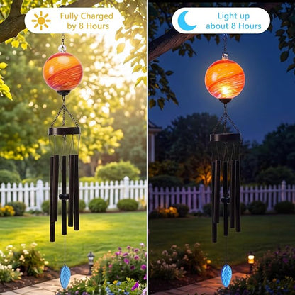 MUMTOP Solar Wind Chime for Outsides, 35" Glass Windchimes with Solar LED Lights Decorative Hanging Wind Bell for Porch Patio and Garden Decor, Orange