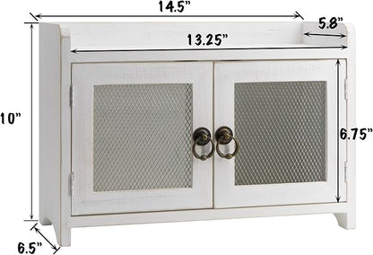 COLLECTIVE HOME - Storage Cabinet, Mini Countertop Cabinet, Wood Organizer for Kitchen Living Room Bedroom Bathroom Office with Magnetic Door, 14.5 x 6.5 x 10 (White, Wire Netting)