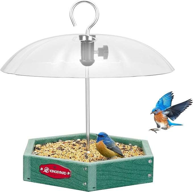 Kingsyard Large Platform Bird Feeder Outdoor Hanging, Adjustable Dome Squirrel Proof Rain Cover, Metal Mesh Tray Recycled Plastic Wild Bird Seed Feeding Station, Green