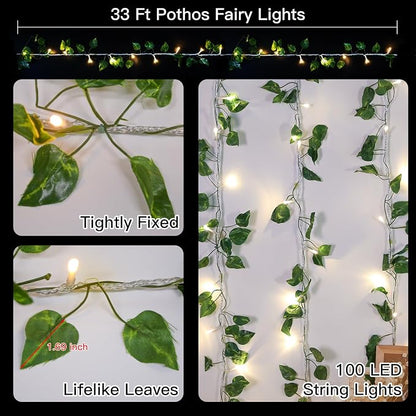 suddus Vine with Fairy Light Plug in, 33ft 100 LED Pothos String Lights Connectable with Remote, Leaf Lights for Bedroom, Room, Wall, Garden, Party, Wedding Dorm Decor (Warm White)