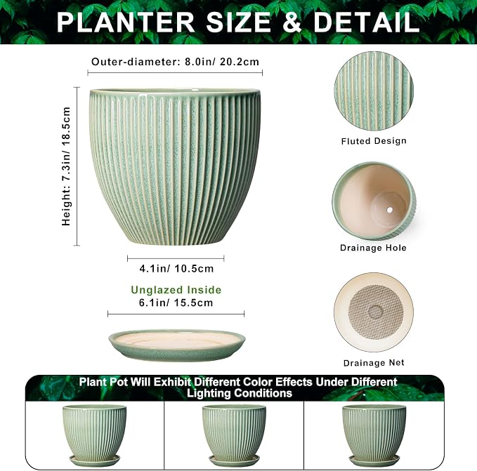 8 Inch Planter, Ceramic Plant Pots with Drainage Hole and Saucer, Decorative Pots for Plants Indoor, Ceramic Flower Pots, Round Modern Planter, Living Room Decor, House Warming Gifts, Green