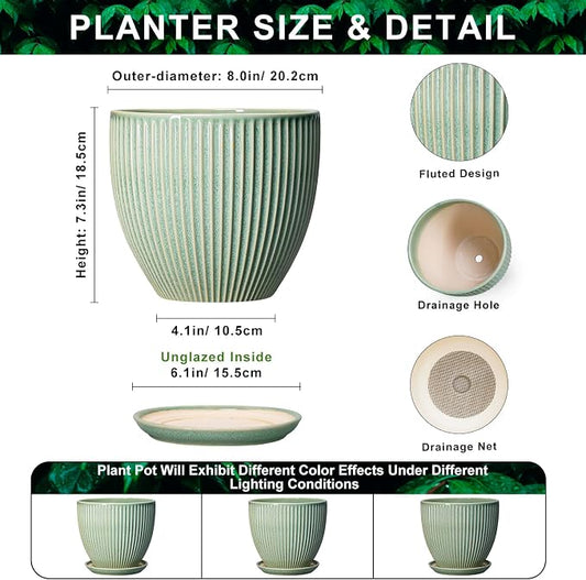 8 Inch Planter, Ceramic Plant Pots with Drainage Hole and Saucer, Decorative Pots for Plants Indoor, Ceramic Flower Pots, Round Modern Planter, Living Room Decor, House Warming Gifts, Green
