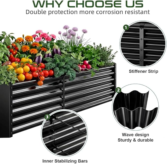 AHEONLAR 2 Pack Galvanized Raised Garden Beds Outdoor, Rectangle Metal Planter Boxes for Vegetables, Flowers and Plants, Durable Garden Bed Kit with Easy Assembly, Black