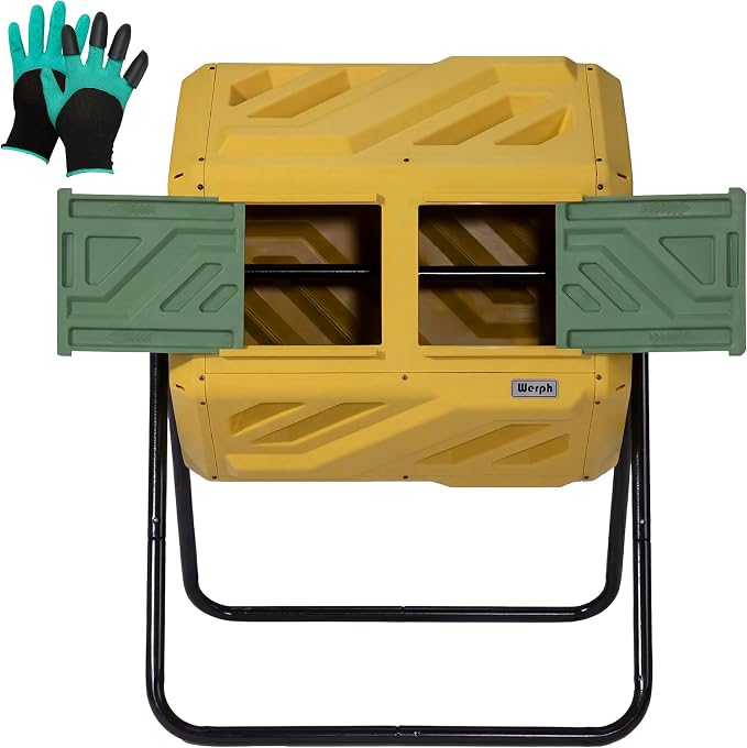 Werph 43 Gal Outdoor Compost Bin for Garden & Kitchen Waste, Yellow | Fast Assembly, Dual Chamber with Aeration System, 360° Rotating, Tumbling Composting Bin for Kitchen, Garden, Yard