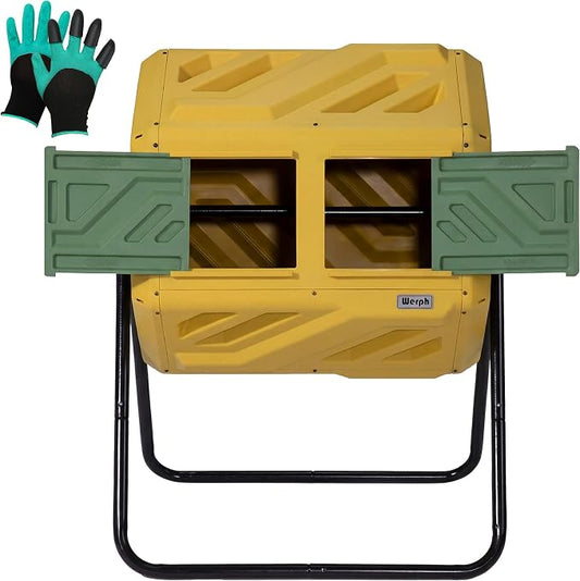 Werph 43 Gal Outdoor Compost Bin for Garden & Kitchen Waste, Yellow | Fast Assembly, Dual Chamber with Aeration System, 360° Rotating, Tumbling Composting Bin for Kitchen, Garden, Yard