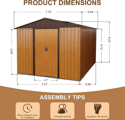Favfurish 10x8 FT Outdoor Storage Shed, Garden Tool House with Metal Floor Base, Double Sliding Doors, Air Vents, Storage Clearance for Backyard, Patio, Garage, Lawn, Coffee