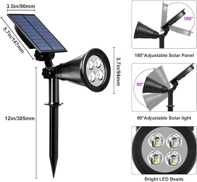 T-SUN Solar Spotights, 4 LED Waterproof Outdoor Solar Landscape Spot Lights, Dusk to Dawn 180 Angle Adjustable Solar Lights for Tree, Patio, Yard, Garden, Driveway, Stairs, Pool Area(Purple-1Pack)