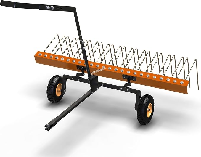 60 Inch Tow Behind Lawn Dethatcher, Tow Behind Steel Pine Straw Rake | with 24 Durable Spring Steel Tines for ATV or Mover Tractors, Designed to Pull Behind Lawn and Garden Tractors, Orange