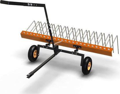 60 Inch Tow Behind Lawn Dethatcher, Tow Behind Steel Pine Straw Rake | with 24 Durable Spring Steel Tines for ATV or Mover Tractors, Designed to Pull Behind Lawn and Garden Tractors, Orange