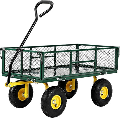 900 lbs Heavy Duty Steel Garden Cart, Garden Wagon Cart on Wheels, Outdoor Metal Yard Utility Wagon Carts with and Mesh Removable Sides and 180°Rotating Handle,Green