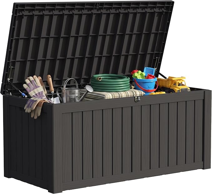 150 Gallon Resin Large Deck Box Organization and Storage Box for Patio, Outdoor Cushions, Garden Tools, Black | Hydraulic Pistons, Resin, Weatherproof
