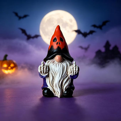 Halloween Middle Finger Gnome Statue with Skeleton Hands - Spooky Ghost Face Hat Resin Figurine 3.5in, Weather Resistant Indoor Outdoor Decor for Patio Yard Halloween Party, Novelty Edgy Gift