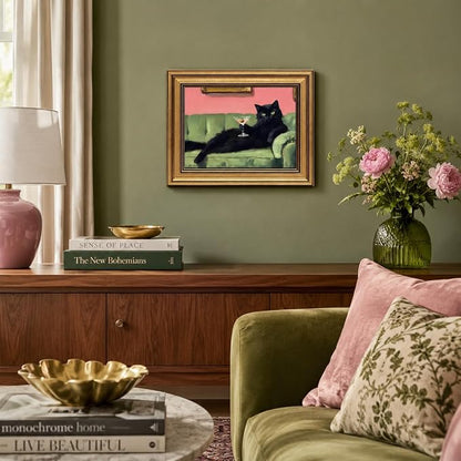 Devunaty Vintage Gold Framed Black Cat Martini Wall Art, Cocktail Bar Cart Wall Decor, Funny Cat On Green Sofa Canvas Print, Eclectic Whimsical Painting Picture For Bedroom Living Room Decor 12"x16"
