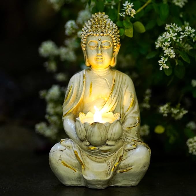 Goodeco Meditation Small Buddha Statue Figurine -Buddha with LED Tea Lights Candle Holder,Gift idea,Zen Home Decor Meditation Accessories,White Gold Look 8"