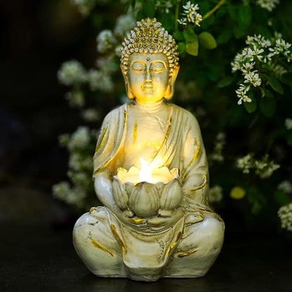 Goodeco Meditation Small Buddha Statue Figurine -Buddha with LED Tea Lights Candle Holder,Gift idea,Zen Home Decor Meditation Accessories,White Gold Look 8"