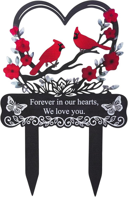 Red Cardinals Cemetery Decorations for Grave, Forever in Our Hearts We Miss You Metal Grave Marker for Outdoors Yard Garden Sympathy Decor, Memorial Plaque Stake for Remembrance Son Mom Dad