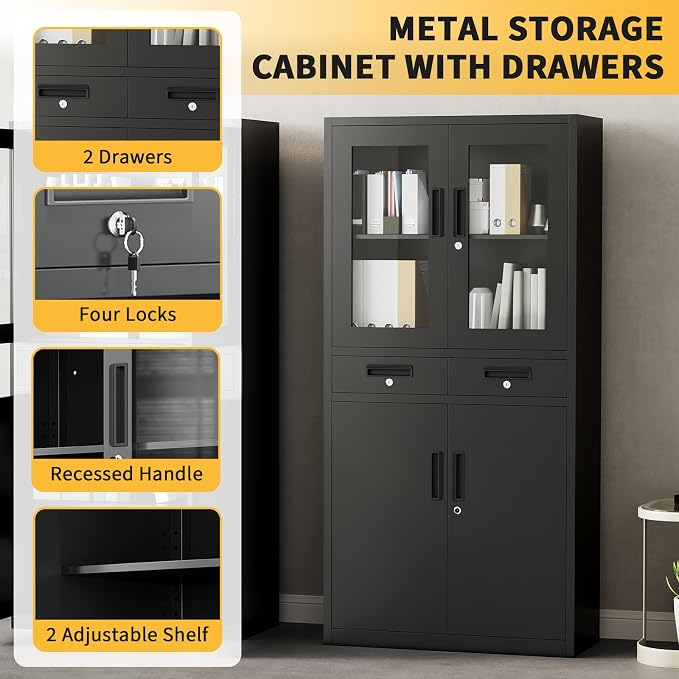 71" Black Metal Storage Cabinet with Glass Doors, Garage Storage with 2 Drawers + 2 Adjustable Shelves, Heavy Duty Tool Cabinet with Locking Doors for School, Workshop, Office, Black