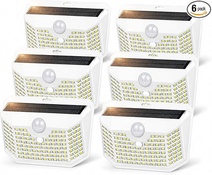 HMCITY 120 LED Solar Lights Outdoor with Motion Sensor and 3 Lighting Modes, IP65 Waterproof Wide Solar Wall Lights Ideal for Garden Patio Yard (Front Button 6Packs, White Shell-Daylight White)