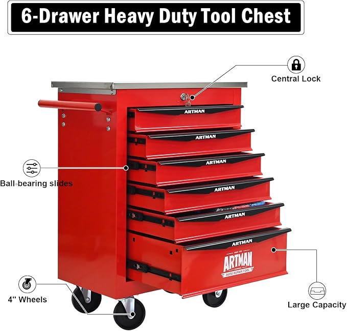 6-Drawer Rolling Tool Chest, Lockable Stainless Worktop for Garage, Red | Heavy Duty Metal Tool Cabinet with Drawers on Wheels for Warehouse and Workshop Storage