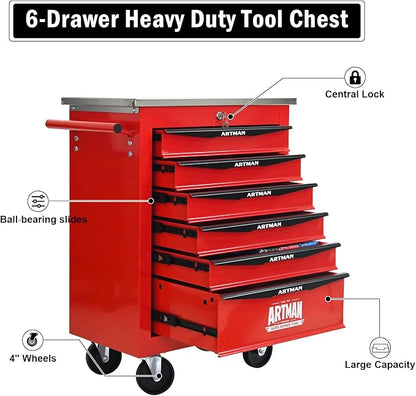 6-Drawer Rolling Tool Chest, Lockable Stainless Worktop for Garage, Red | Heavy Duty Metal Tool Cabinet with Drawers on Wheels for Warehouse and Workshop Storage