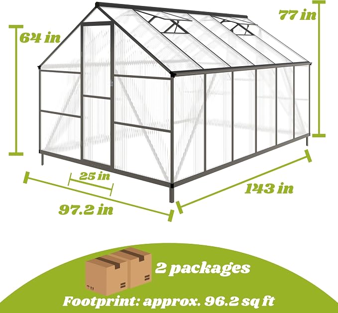 8x12 FT Greenhouse for Outdoors, Polycarbonate Greenhouse with Quick Setup Structure and Roof Vent, Aluminum Large Walk-in Green House for Outside Garden Backyard, Charcoal Black