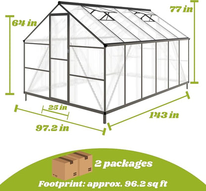 8x12 FT Greenhouse for Outdoors, Polycarbonate Greenhouse with Quick Setup Structure and Roof Vent, Aluminum Large Walk-in Green House for Outside Garden Backyard, Charcoal Black