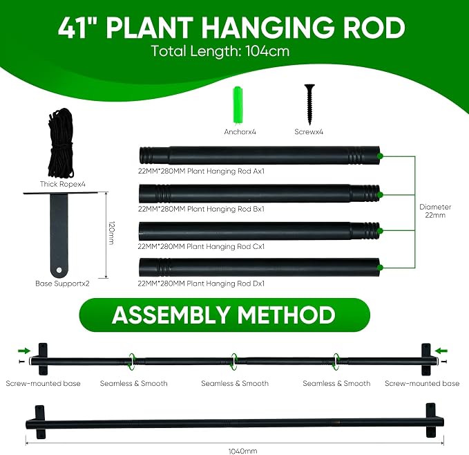 Hanging Planters for Indoor Plants with 4 Pots, Adjustable Window Plant Rod, Space-Saving Herb Garden Holder for Wall or Ceiling Mount (40in-4 Hanging basins)