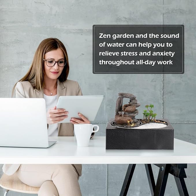Dyna-Living Indoor Water Fountains Tabletop Water Fountain with Warm Light | Zen Water Fountain Indoor for Relaxation, Desk Zen Waterfall Feature for Home & Office Decor, Quiet Pump, Relieve Stress