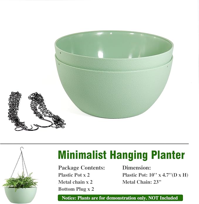 WSMKSZ 10 inch Hanging Planters for Outdoor Indoor Plants with Drainage Holes and Chain, 2 Pack Round Hanging Flower Pots for Garden Home Porch Decor,Green