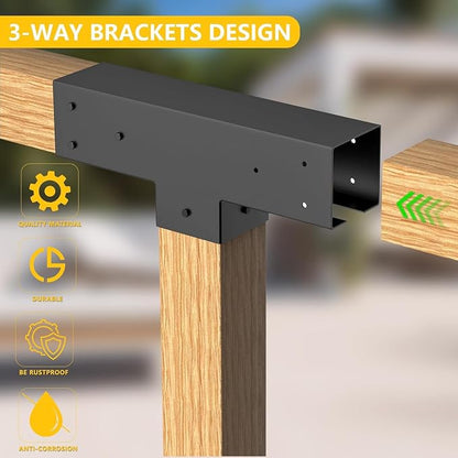 4x4 Pergola Brackets Kit, 3-Way T Shape, 3.58 x 3.58 in, 2 Pack | Q235 Steel with Black Powder-Coated Finish, 32 Self-Tapping Screws Included for Gazebos, Patios and Garden Arbors