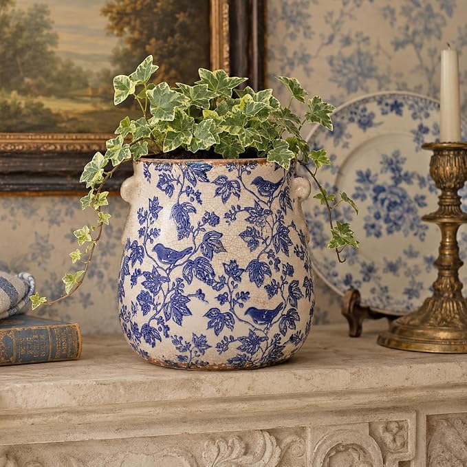 English Country Ceramic Multifunctional Planter, 6.7 Inch Vintage Flower Pot with Drainage Hole, Rustic Chinoiserie Vase & Utensil Holder, Farmhouse Kitchen Garden Decor, Housewarming Gift (Blue Bird)