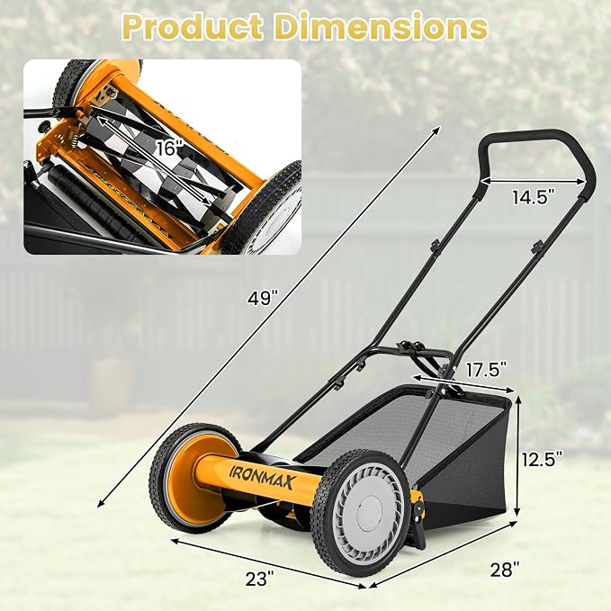 Goplus Manual Lawn Mower, 16 Inch 5-Blade Walk-Behind Cordless Grass Cutter with 7 Gallon Removable Grass Collect Bag, Adjustable Cutting Heights, Push Reel Lawn Mower for Yard, Garden
