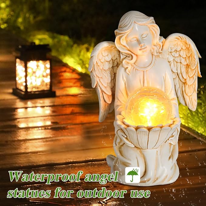 Angel Statue Outdoor Decor, Angel Garden Statues Holding Lotus Flower with Crackle Glass Globe Solar LED Lights Yard Decorations Lawn Ornaments Figurines for Outside or Gardening Gifts
