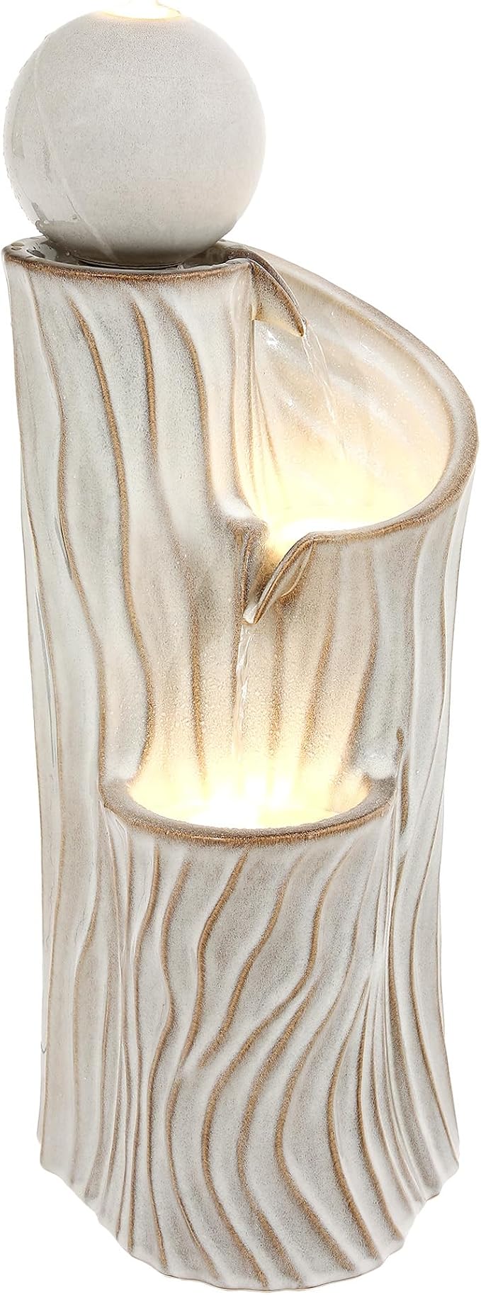 32" H Ceramic Outdoor Water Fountain with LED Lights, 3-Tier Cascading Sphere Water Feature, Tranquil Waterfall for Relaxing Garden, Patio, Yard, or Porch, Beige Glaze, Dynamic Wave-Texture
