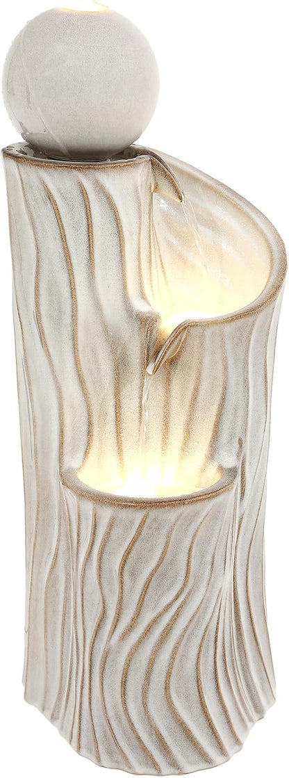 32" H Ceramic Outdoor Water Fountain with LED Lights, 3-Tier Cascading Sphere Water Feature, Tranquil Waterfall for Relaxing Garden, Patio, Yard, or Porch, Beige Glaze, Dynamic Wave-Texture