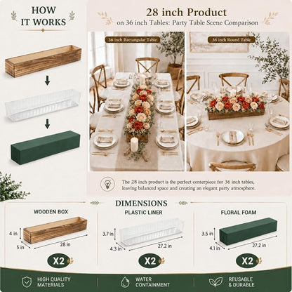 Dandat 2 Set Wood Boxes for Centerpieces 28x5 Inch Rectangle Wooden Planter Box Rustic Wood Planter with Removable Plastic Liner Floral Foam Blocks for Christmas Wedding Home Garden Decor(Dark Brown)
