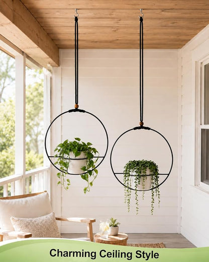 vensovo Decorative Hanging Planter Set of 2 – Round Metal Frame Hanging Plant Holders with Braided Rope, Wooden Bead Accent & White Plastic Pots – Indoor Outdoor Modern Home Decor