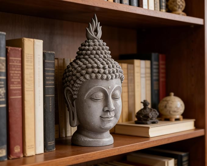 Buddha Head Statue Zen Meditation Decoration, 11 inch Resin Stone Gray Buddha Head Statue for Buddhist Spiritual Altar Decoration Buddhism Gifts